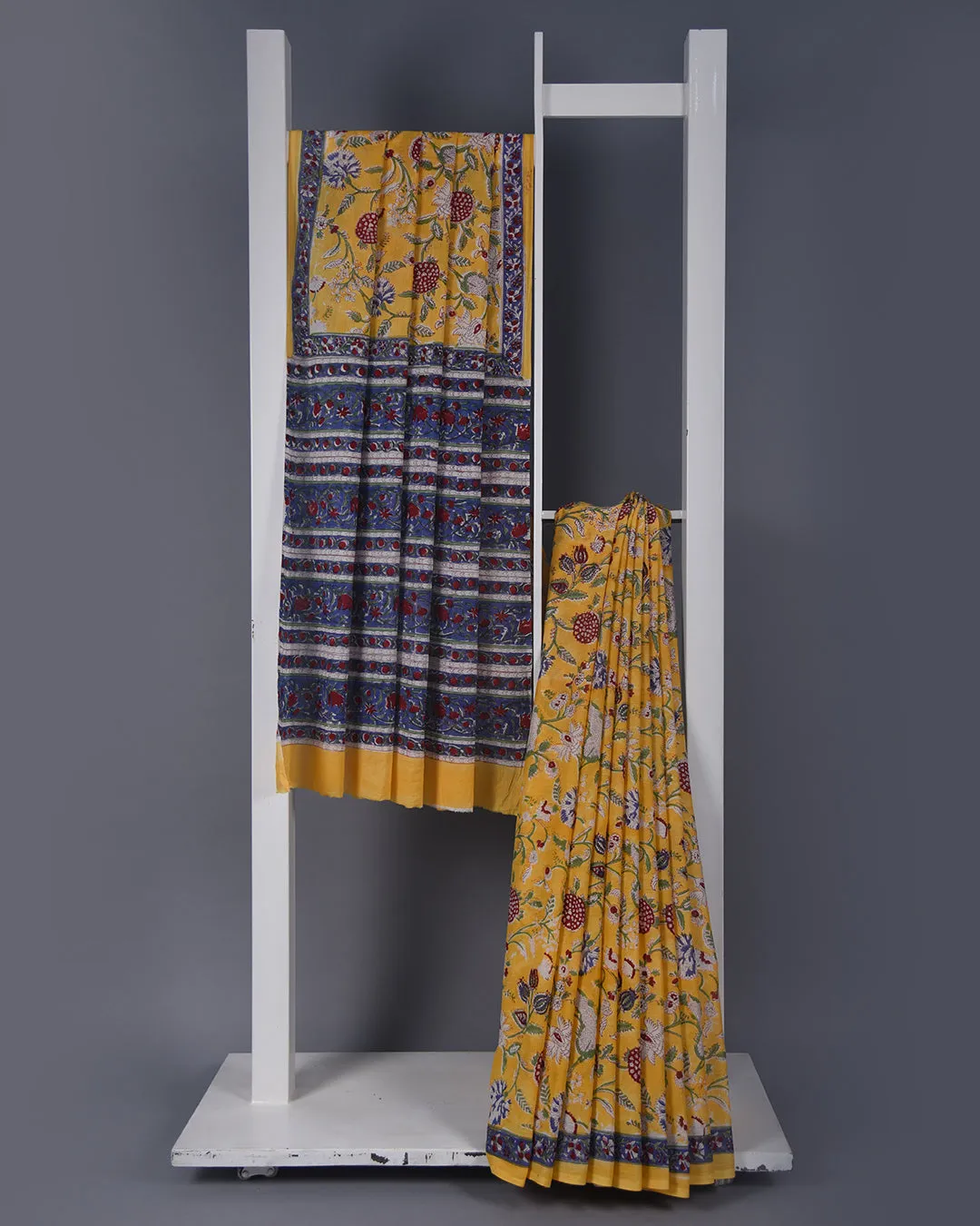Yellow Cotton Pure Hand Block Printed Saree With Cotton Block Printed Blouse