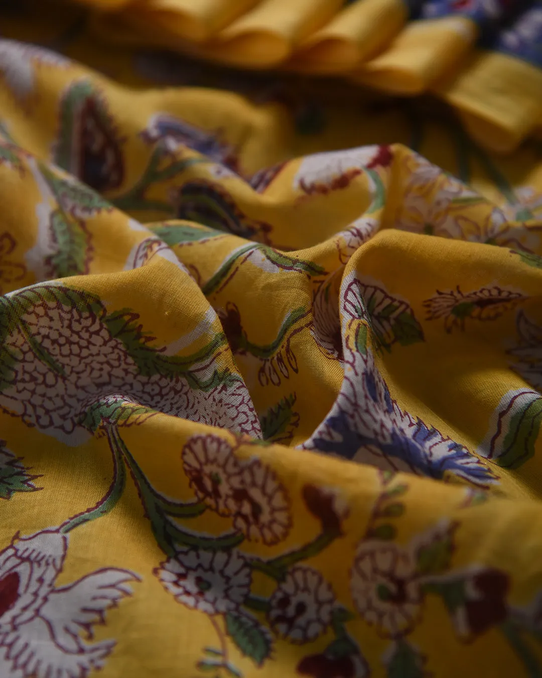 Yellow Cotton Pure Hand Block Printed Saree With Cotton Block Printed Blouse
