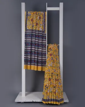 Yellow Cotton Pure Hand Block Printed Saree With Cotton Block Printed Blouse