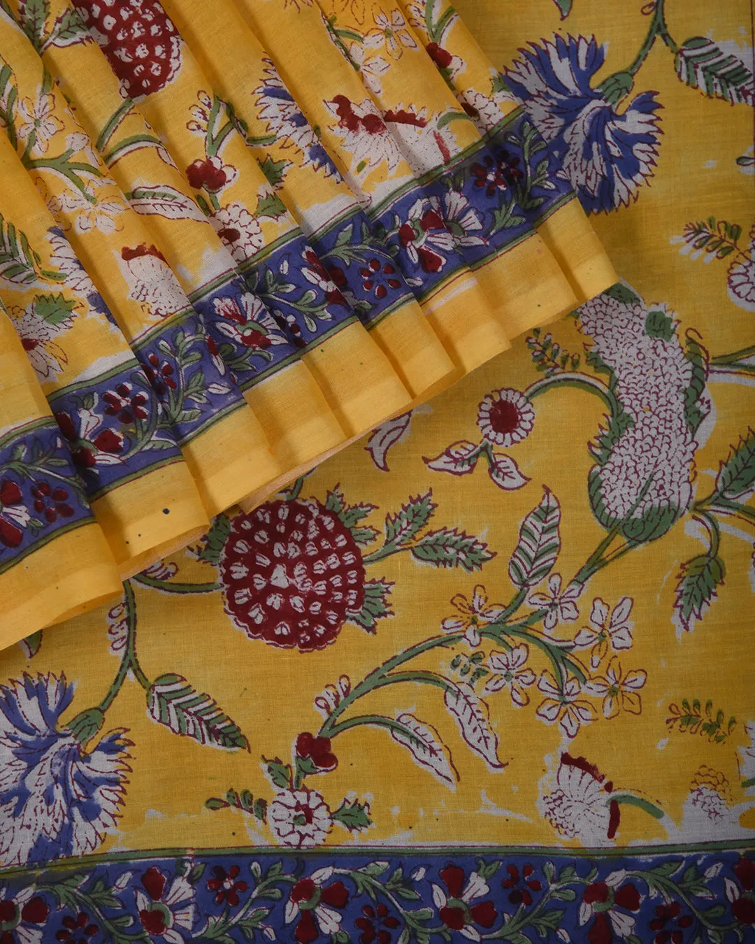 Yellow Cotton Pure Hand Block Printed Saree With Cotton Block Printed Blouse