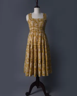 Yellow Pure Cotton Hand Block Printed Ready To Wear Tier Dress