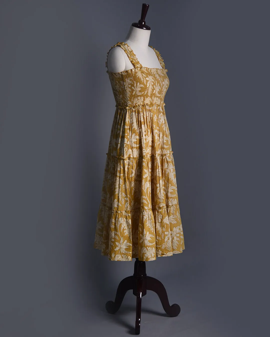 Yellow Pure Cotton Hand Block Printed Ready To Wear Tier Dress