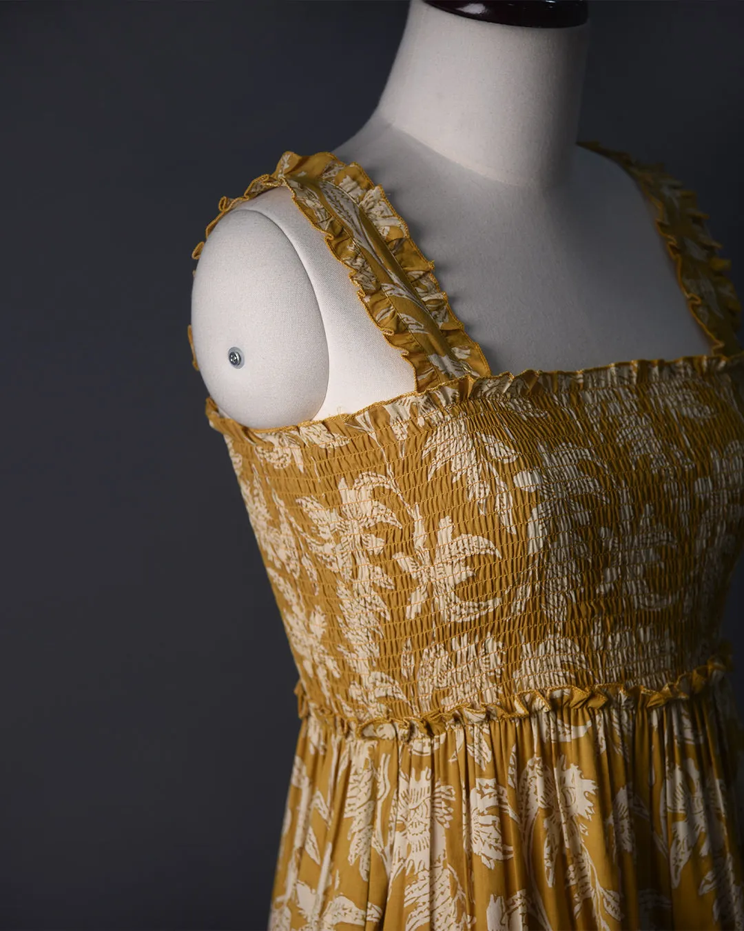 Yellow Pure Cotton Hand Block Printed Ready To Wear Tier Dress