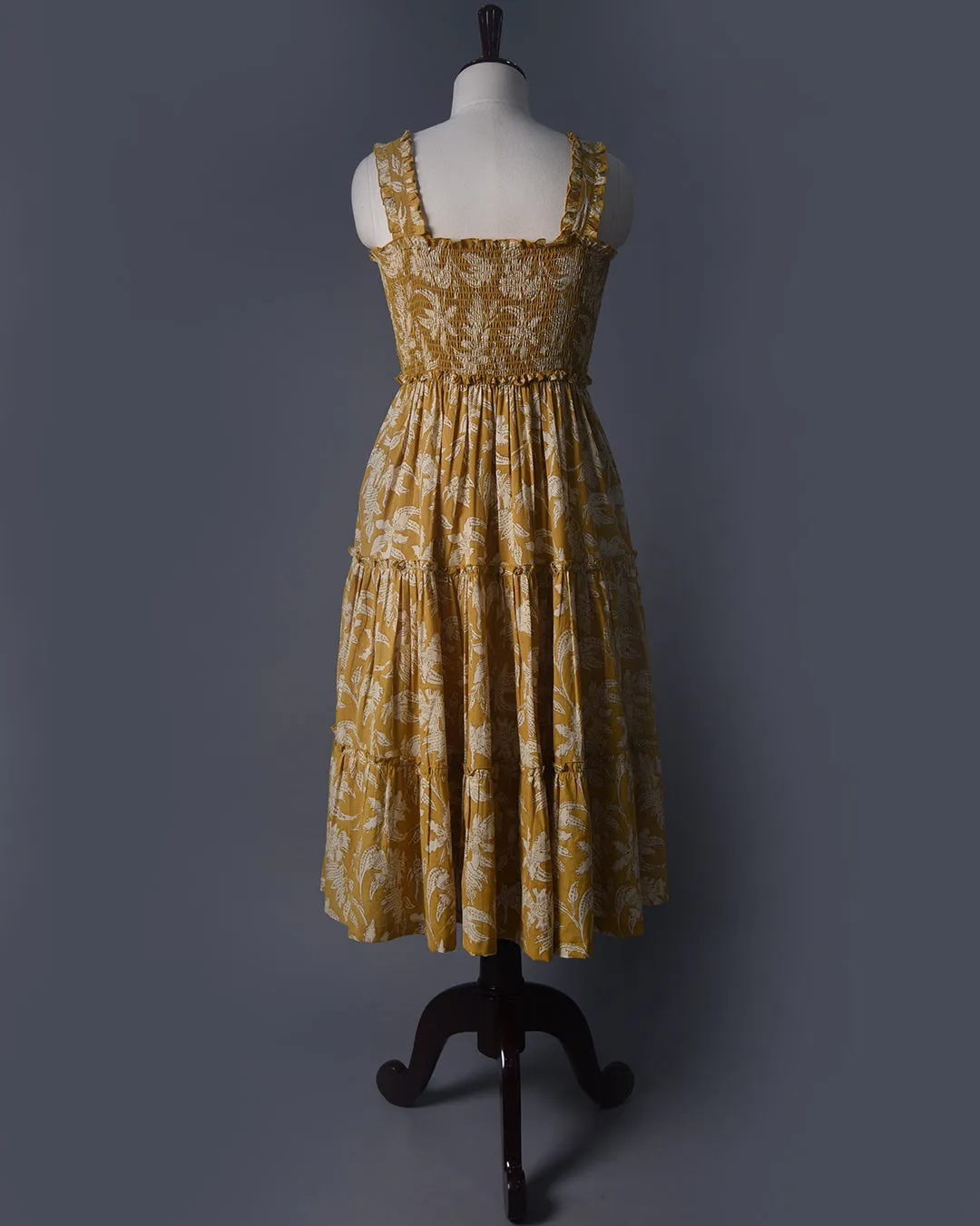 Yellow Pure Cotton Hand Block Printed Ready To Wear Tier Dress