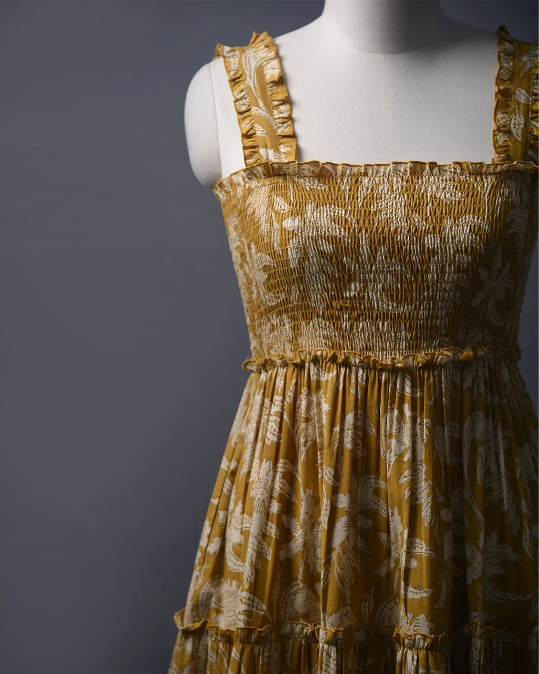 Yellow Pure Cotton Hand Block Printed Ready To Wear Tier Dress