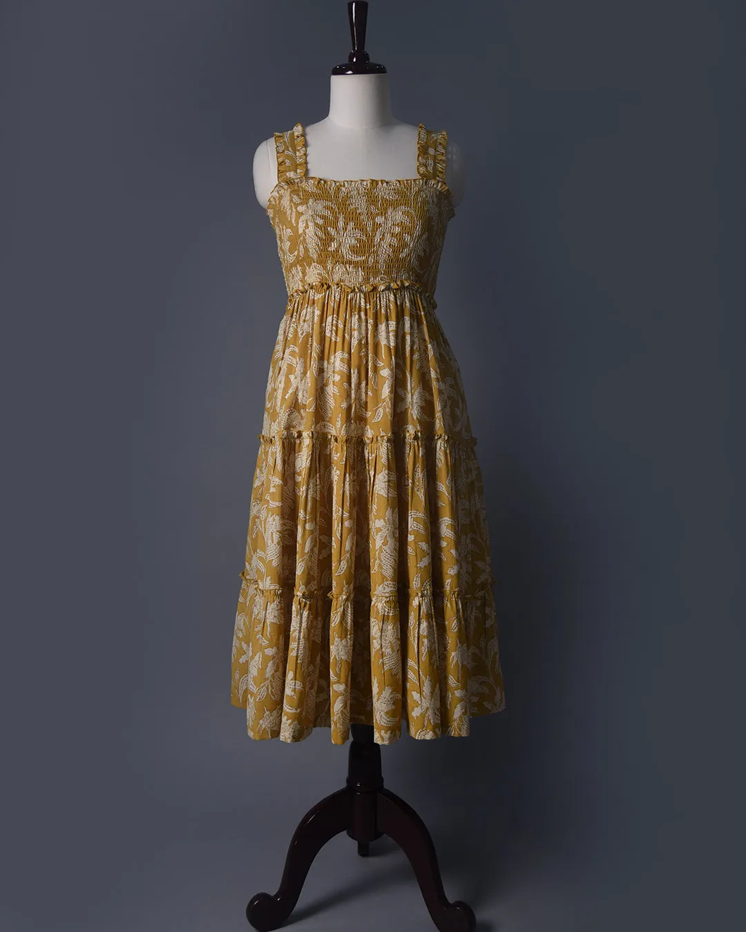 Yellow Pure Cotton Hand Block Printed Ready To Wear Tier Dress