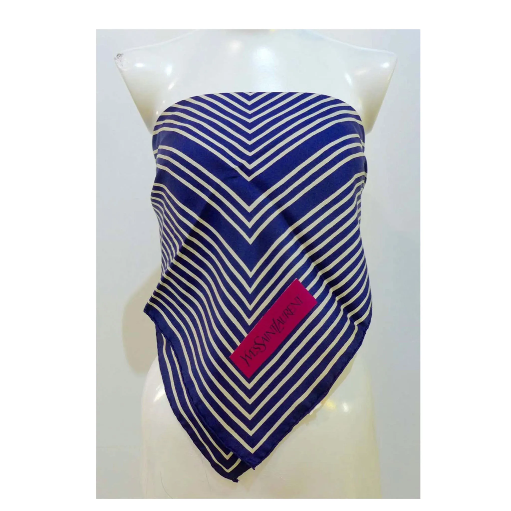YVES SAINT LAURENT Blue Striped Silk Scarf