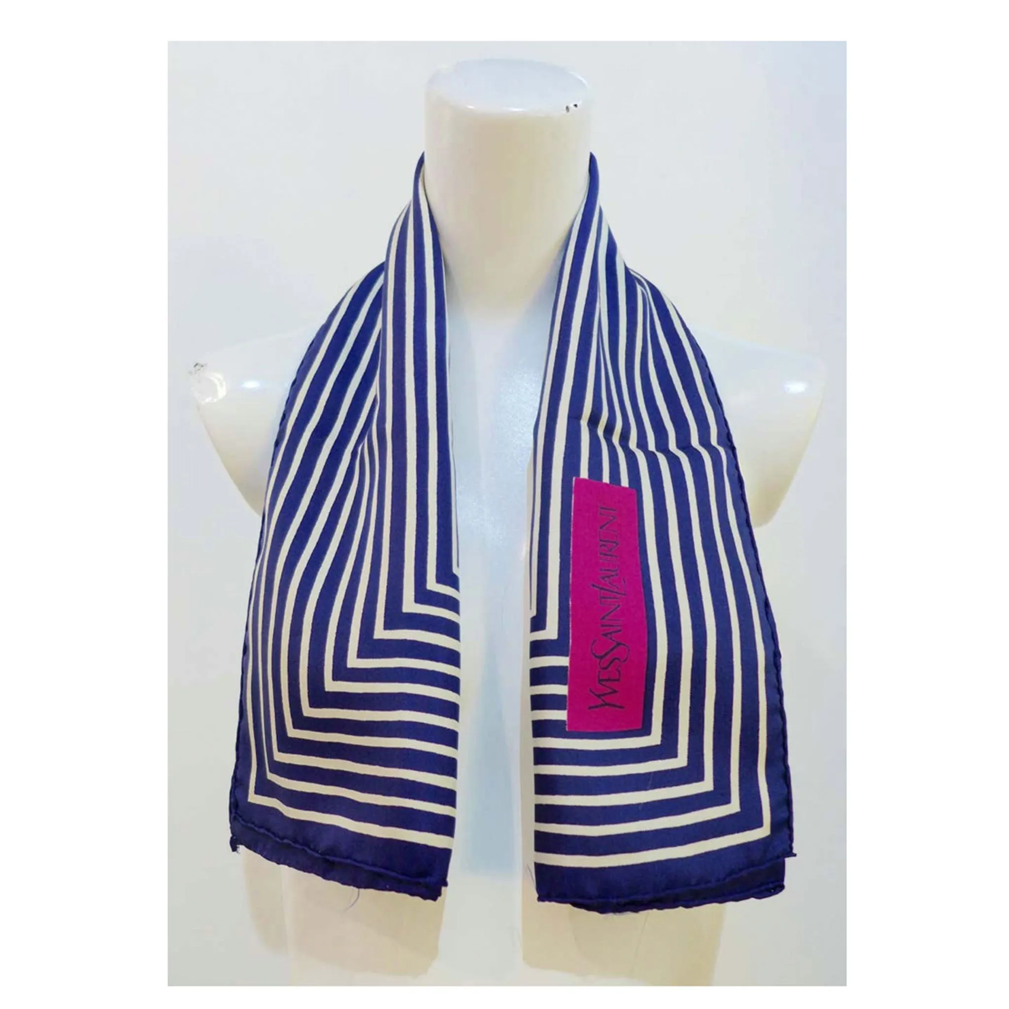 YVES SAINT LAURENT Blue Striped Silk Scarf