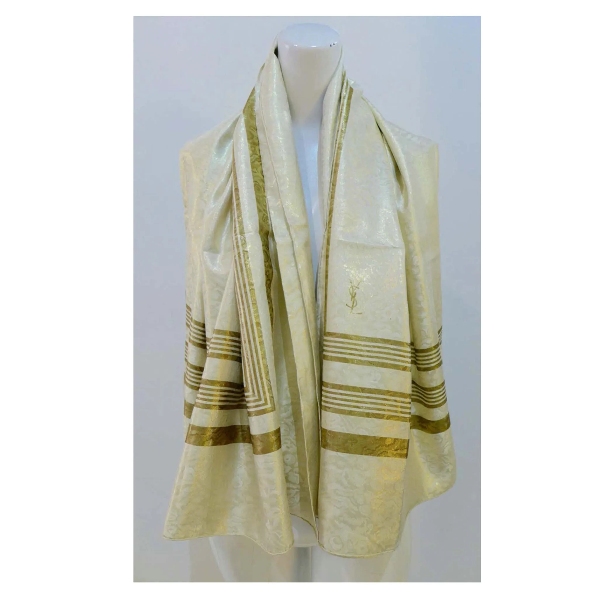YVES SAINT LAURENT Champagne Metallic Silk Scarf